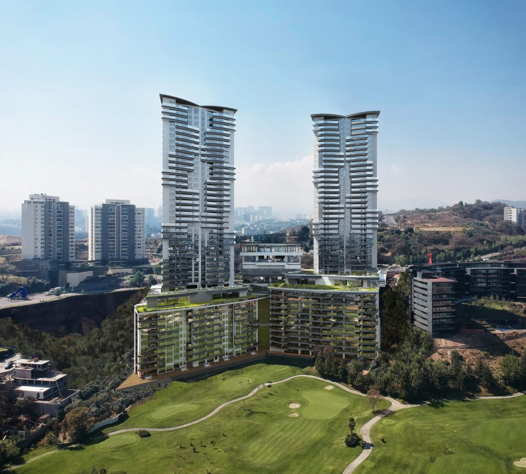 Disfruta de la impresionante vista delantera del edificio de Residence en Bosque Real. Considéralo si buscas departamentos en venta con vista al club de golf Bosque Real