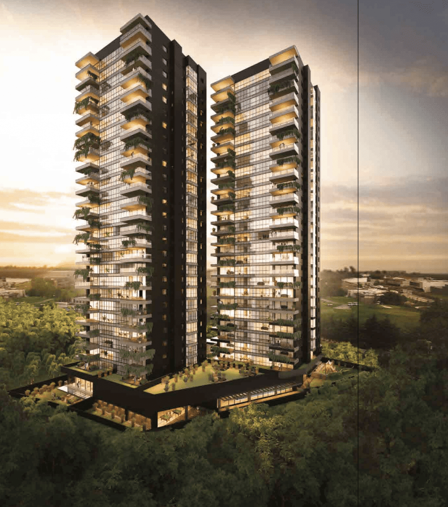 La Vista delantera del edificio de Sky View, Bosque Real, muestra la magnitud y la belleza del diseño arquitectónico. Un factor a considerar al buscar departamentos en venta en Huixquilucan