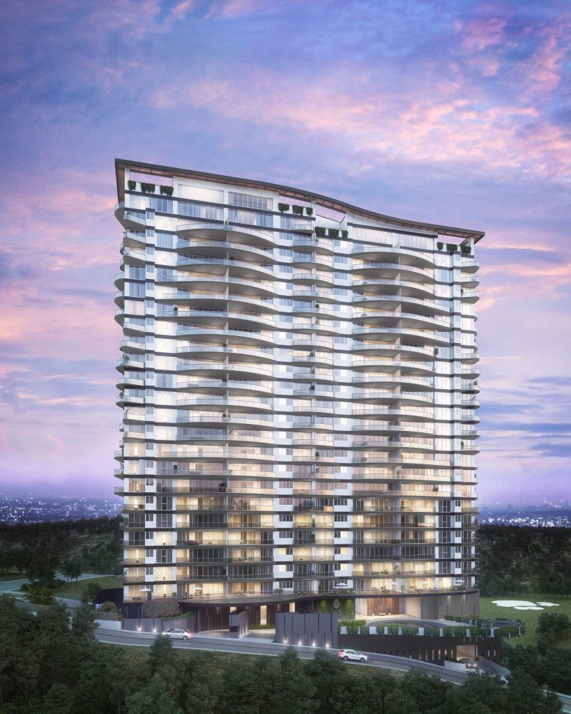 Admira la vista delantera del edificio Ivy, Bosque Real. Un hermoso lugar para comprar tu departamento cerca de Interlomas