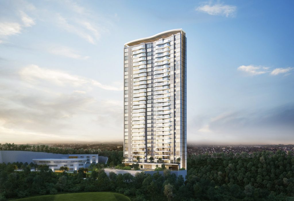 Vista delantera del edificio Blue en Bosque Real. Diseño contemporáneo en departamentos de lujo en Huixquilucan