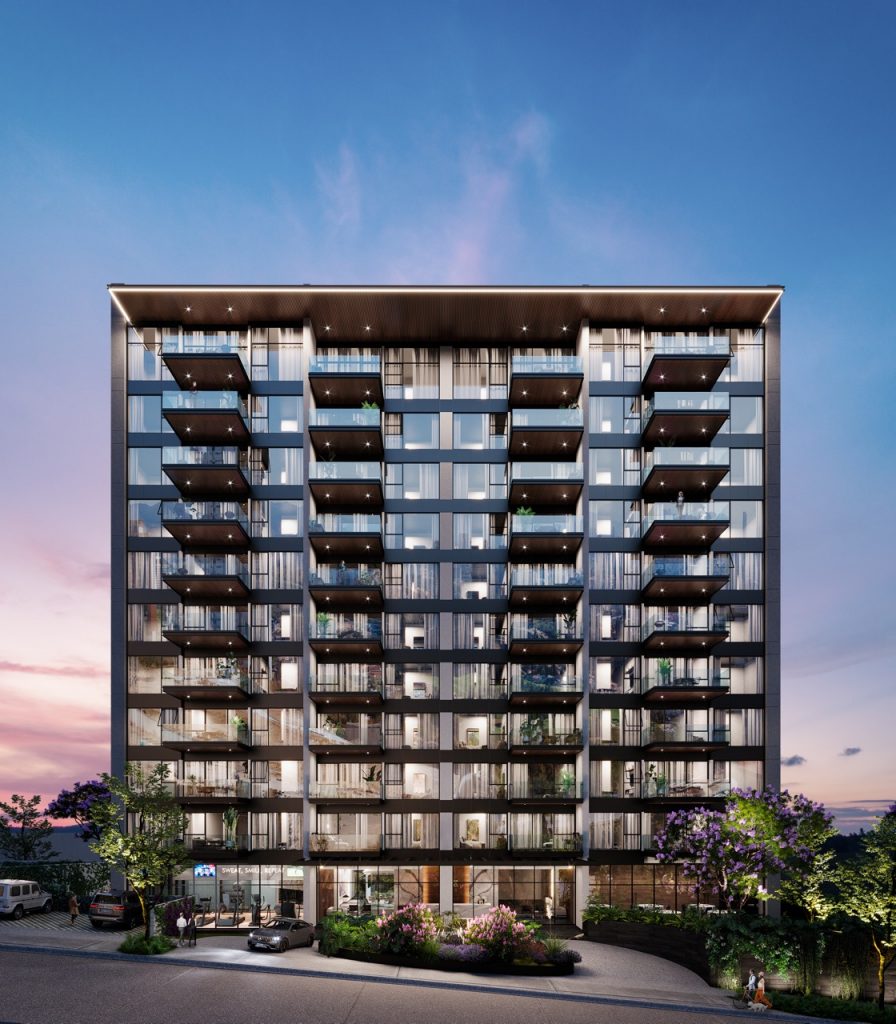 La vista delantera del edificio Nox en Bosque Real destaca por su diseño moderno y sofisticado. Un lugar perfecto para quien busca comprar departamentos en una zona exclusiva cerca de Interlomas