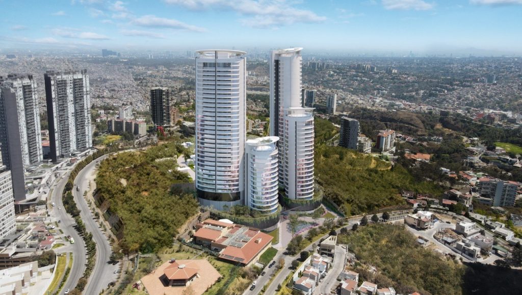 La Vista aerea del edificio de Incanto, Bosque Real, muestra la impresionante arquitectura de los departamentos en venta en Huixquilucan