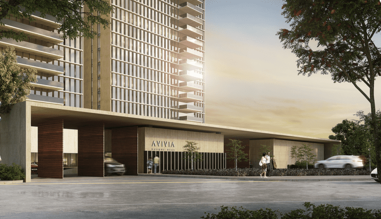 La vista delantera de Avivia, una joya arquitectónica en Bosque Real