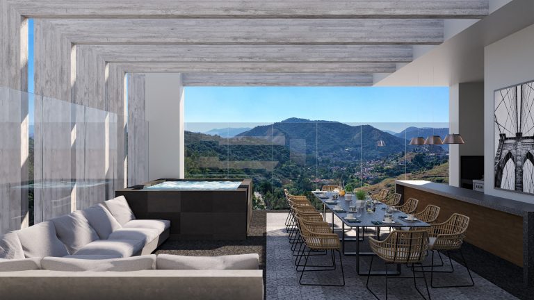 Elegante comedor en Realeza, Bosque Real, donde podrás disfrutar de tus comidas en un ambiente de lujo en tu departamento en Huixquilucan