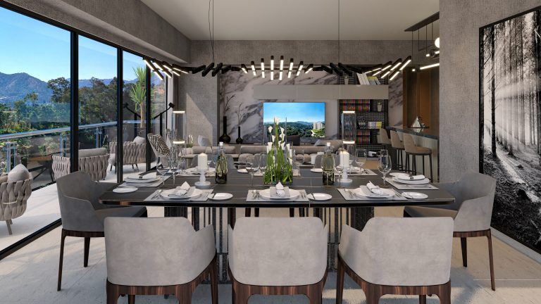 Elegante comedor en Realeza, Bosque Real, donde podrás disfrutar de tus comidas en un ambiente de lujo en tu departamento en Huixquilucan