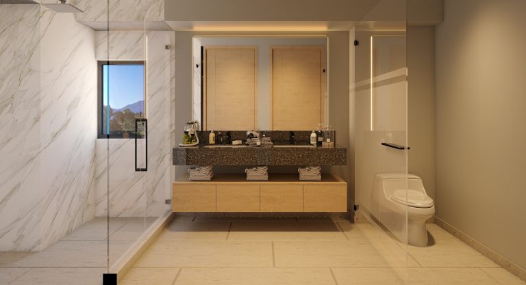 El baño en Realeza, Bosque Real, combina diseño y funcionalidad. Un espacio de lujo en tu nuevo departamento en Huixquilucan