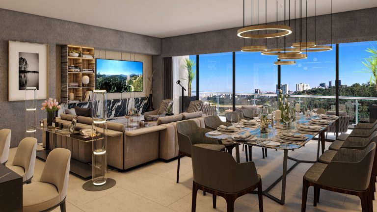 Elegante comedor en Realeza, Bosque Real, donde podrás disfrutar de tus comidas en un ambiente de lujo en tu departamento en Huixquilucan