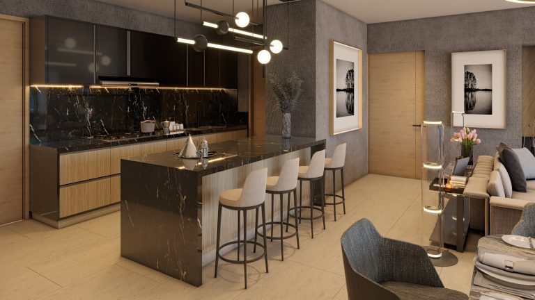 Elegante cocina en Realeza, Bosque Real, donde podrás disfrutar de tus comidas en un ambiente de lujo en tu departamento en Huixquilucan