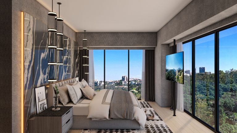 La recámara principal en Realeza, Bosque Real, es un santuario de descanso y relajación en tu departamento en Huixquilucan