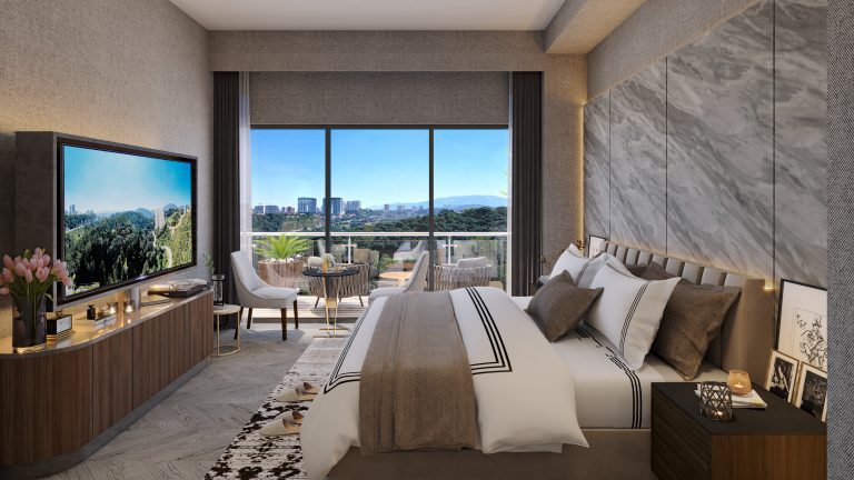 La recámara principal en Realeza, Bosque Real, es un santuario de descanso y relajación en tu departamento en Huixquilucan