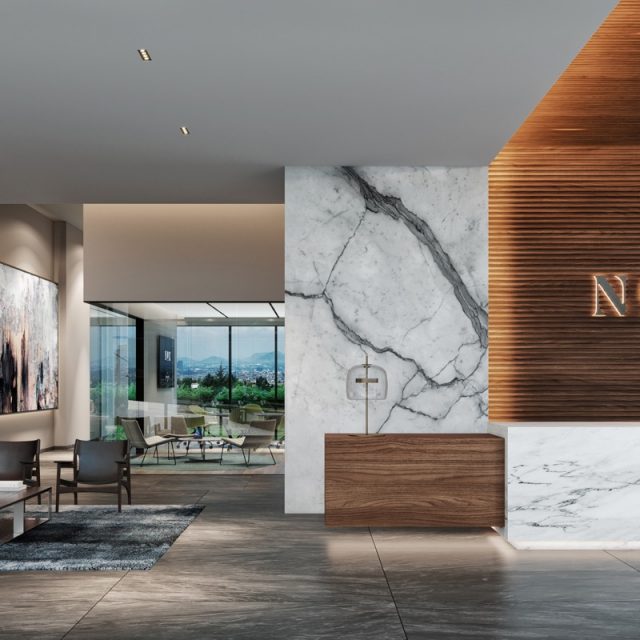 El lobby de Nox en Bosque Real muestra la elegancia y el lujo que te esperan en estos departamentos en venta. La mejor opción para quienes buscan exclusividad cerca de Huixquilucan