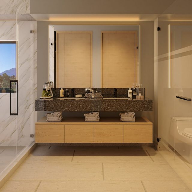 El baño en Realeza, Bosque Real, combina diseño y funcionalidad. Un espacio de lujo en tu nuevo departamento en Huixquilucan.