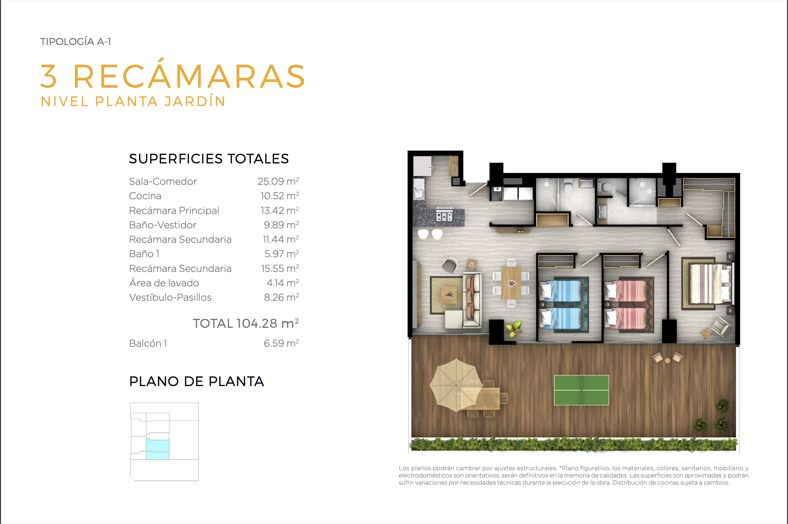 Tipología de departamento A en Torre Morat 3 recamaras