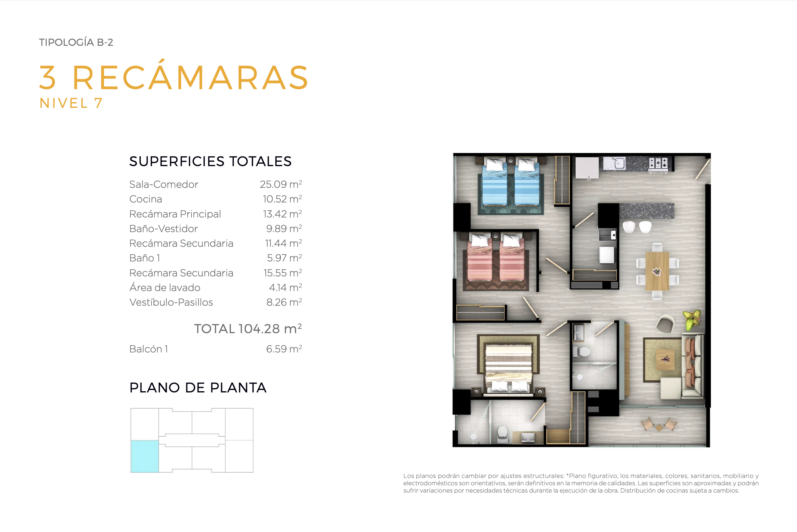 Torre Morat Tipología de departamento B, en Bosque Real con 3 recamaras