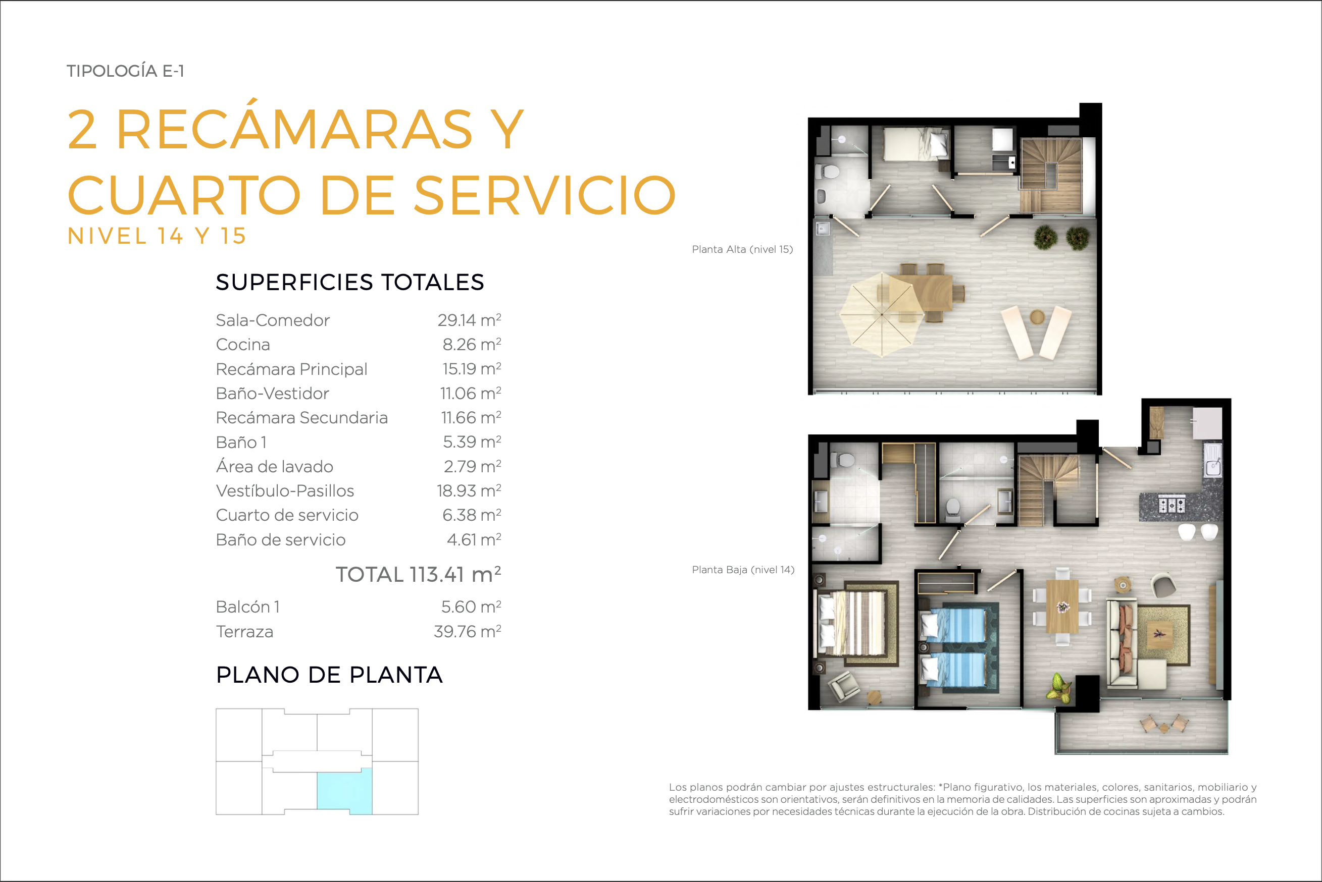 Tipología de departamento C en Torre Morat con 2 recamaras y cuarto de servicio